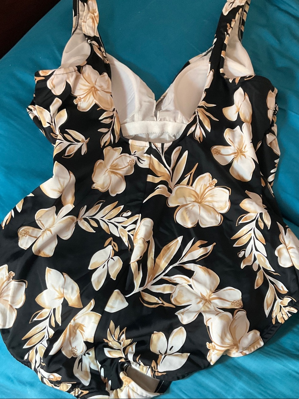 Jantzen Black One-Piece Swimsuit with Cream Floral Print and Ring Detail - Picture 2 of 2